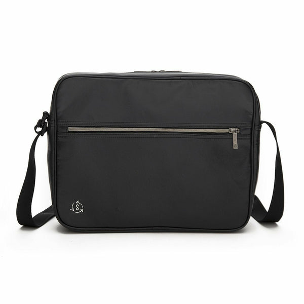 Groovy Messenger Bag in black with front zip pocket and back magnetic-clip pocket