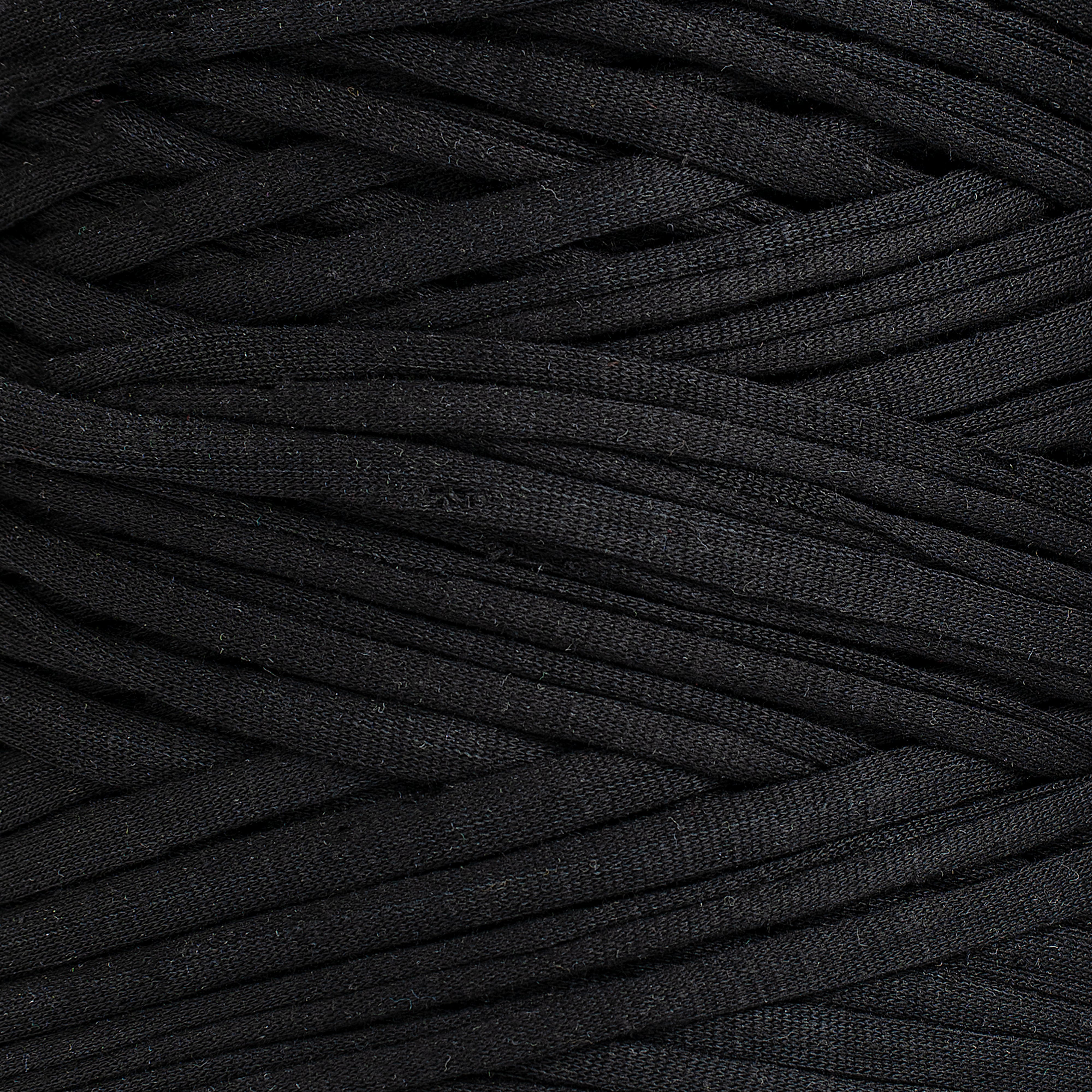 Close-up of Ganxxet Black Recycled T-Shirt Fabric Yarn showing 25mm flat fabric strip texture and weave detail