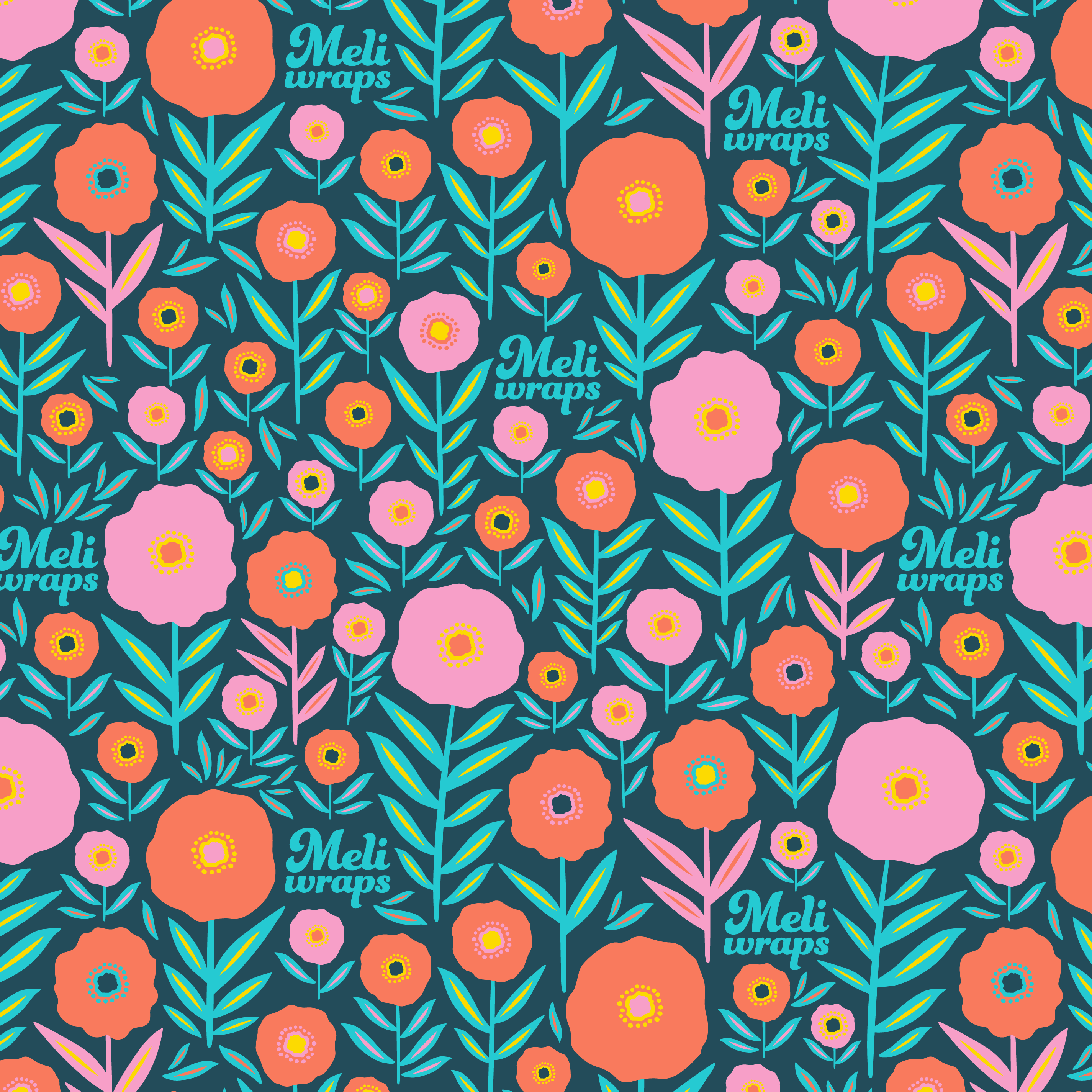 Floral pattern with 'Meli wraps' text on a dark blue background