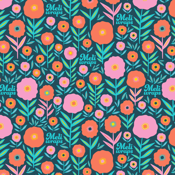 Floral pattern with 'Meli wraps' text on a dark blue background