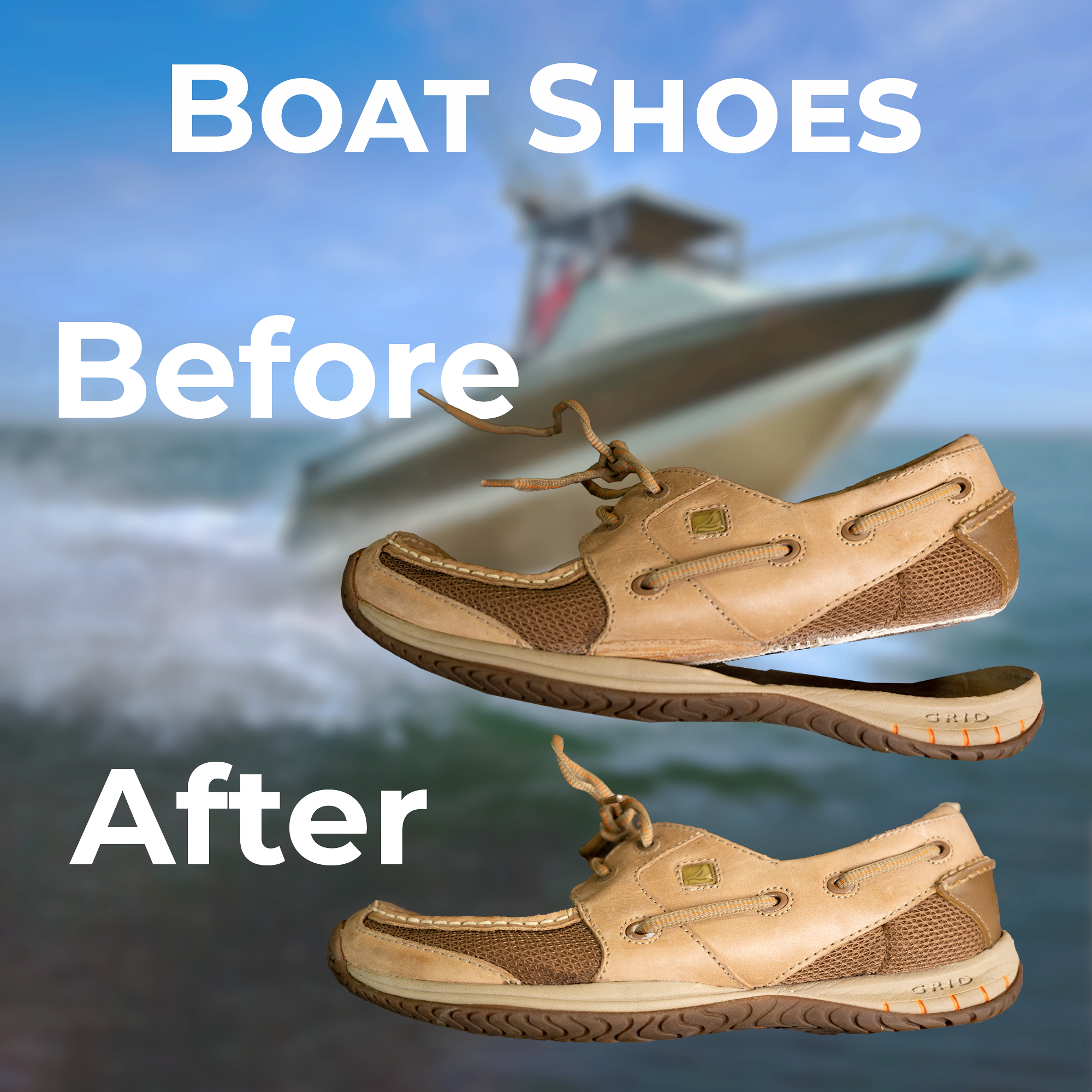Pair of boat shoes with 'Before' and 'After' text, blurred boat in background