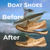 Boot-Fix Shoe Glue used to repair a boat shoe sole — clear-drying flexible adhesive