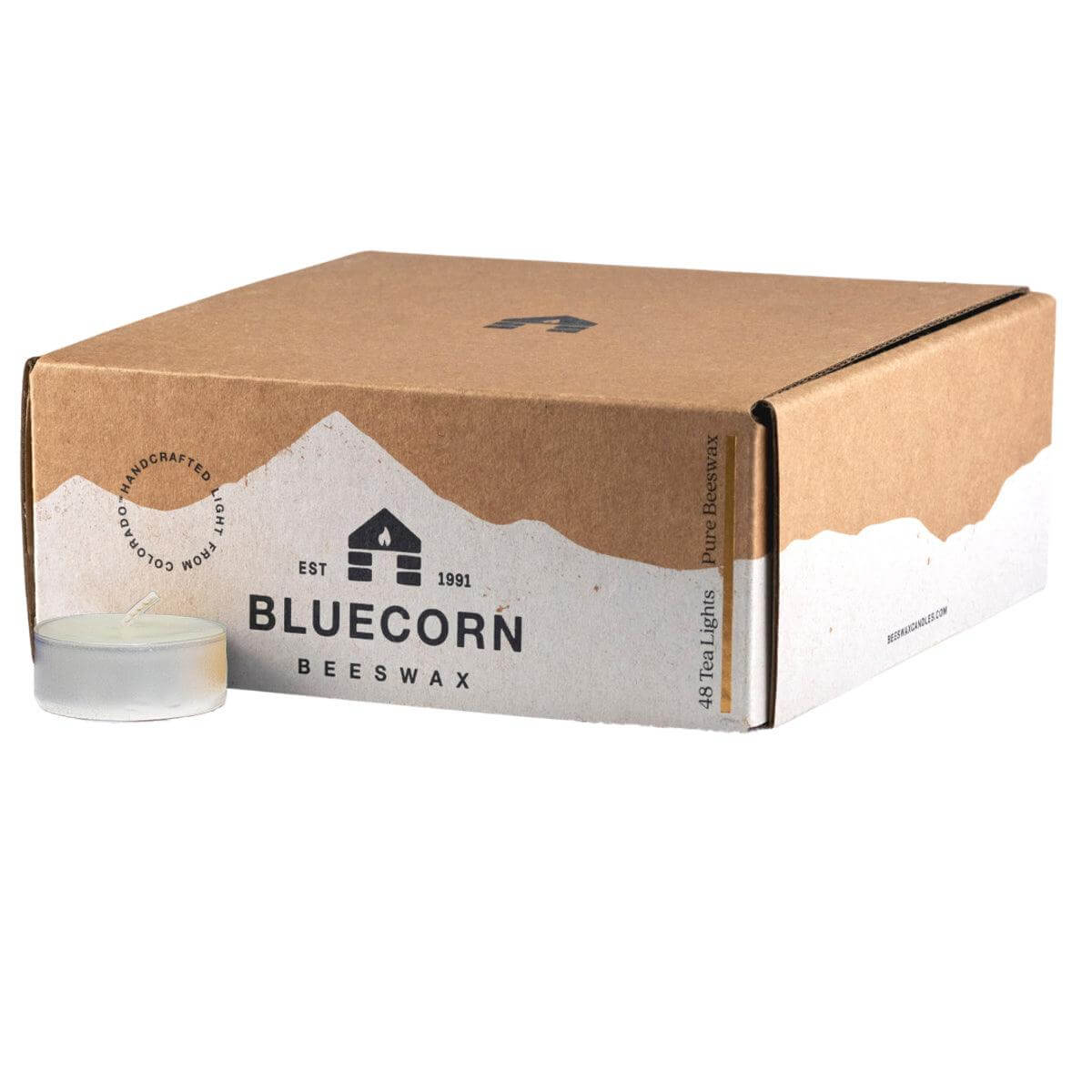 Cardboard box with Bluecorn Beeswax branding on a white background