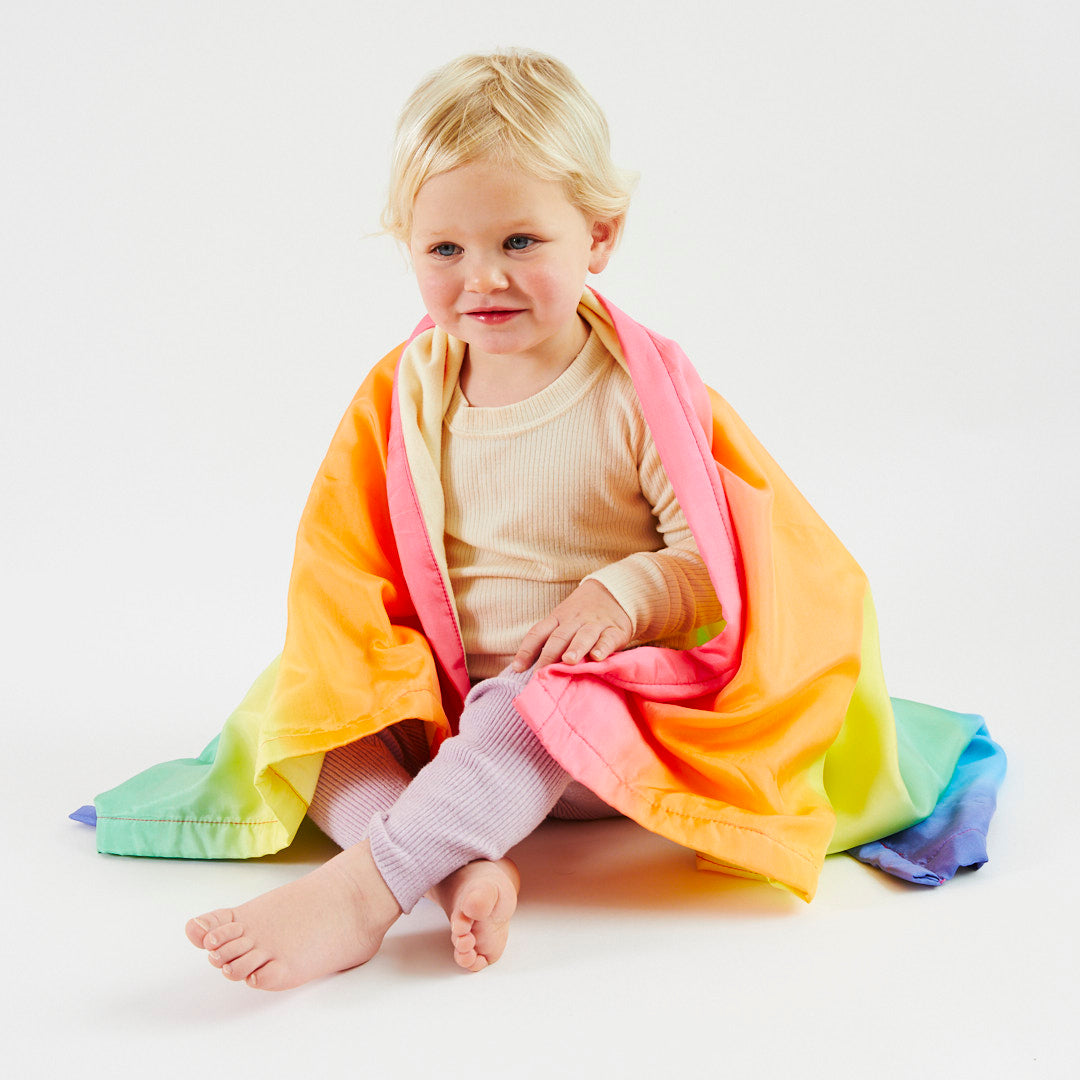 Sarah's Silks pure silk rainbow baby blankets laid out flat displaying full colour range