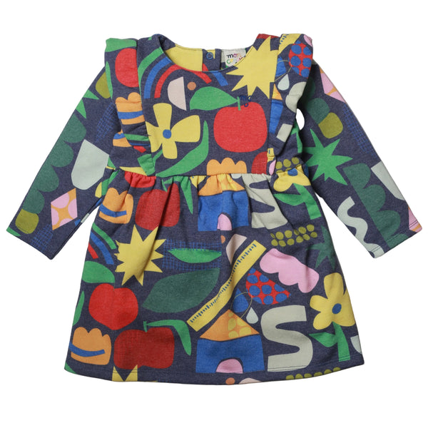Mon Coeur recycled cotton baby ruffle dress with multicolour shape print and long sleeves, laid flat on a white background