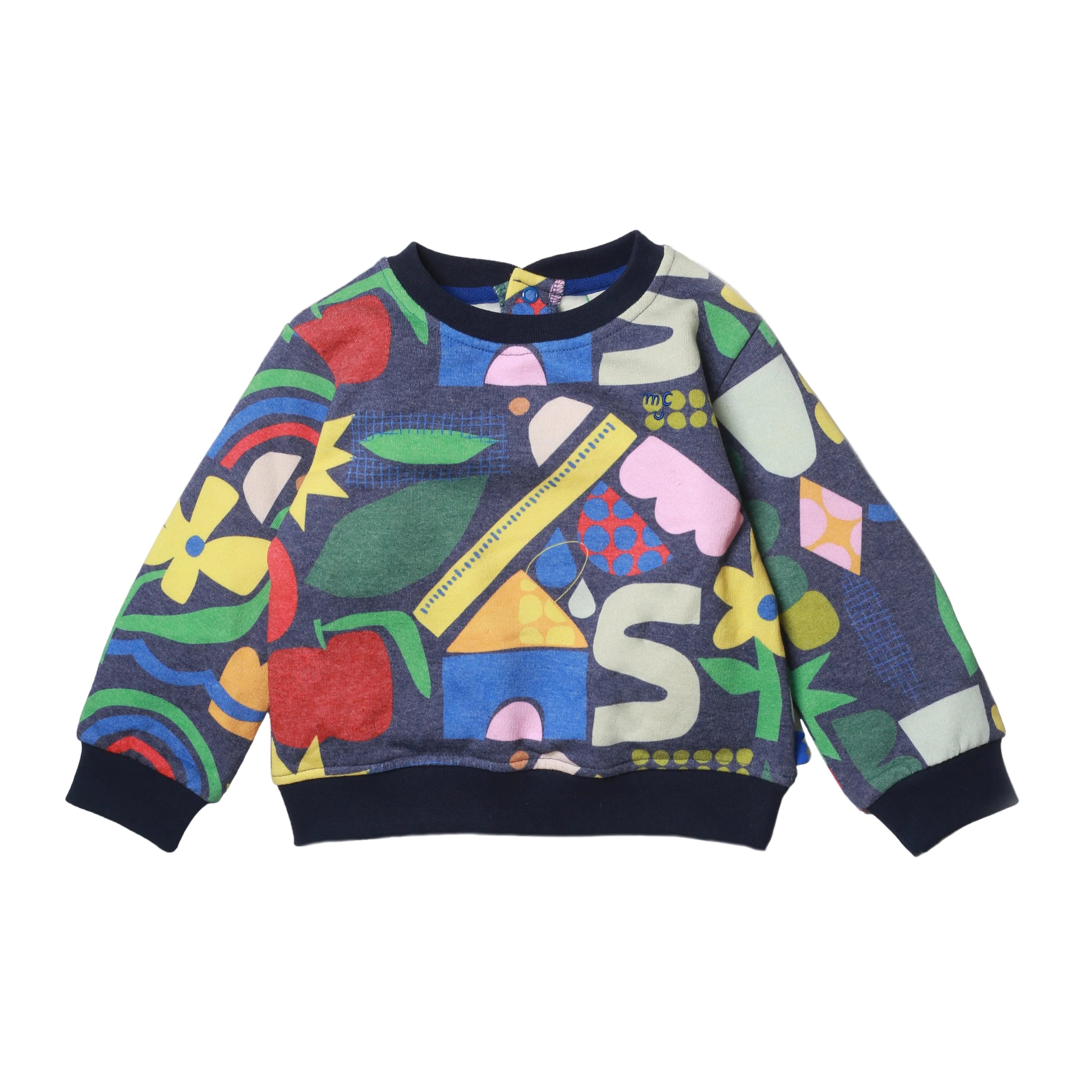 Mon Coeur recycled cotton baby sweatshirt in bright multicolor pattern with ribbed neck and dropped shoulders