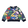 Mon Coeur recycled cotton baby sweatshirt in bright multicolor pattern with ribbed neck and dropped shoulders
