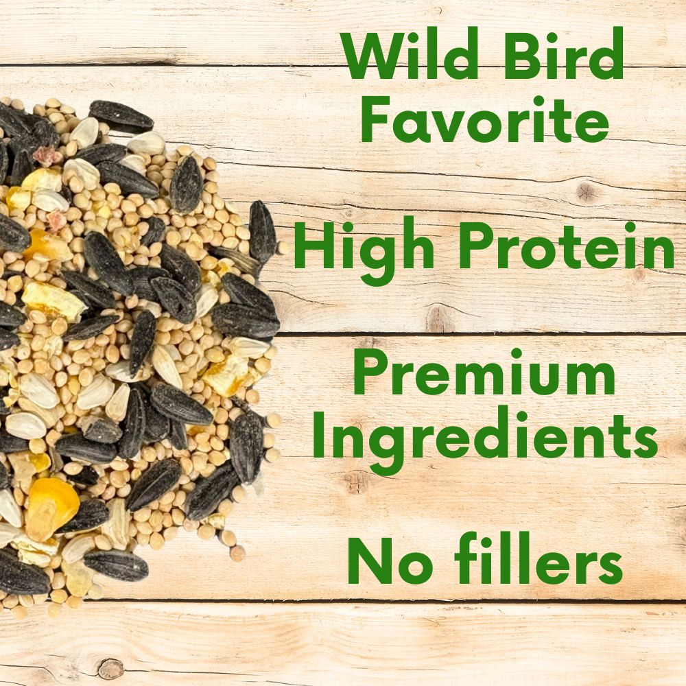 Bird seed mix on a wooden background with text highlighting features