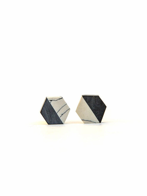 Black and white hexagon stud earrings handcrafted fair trade by women in India – Fair Anita Balanced Geometry Studs