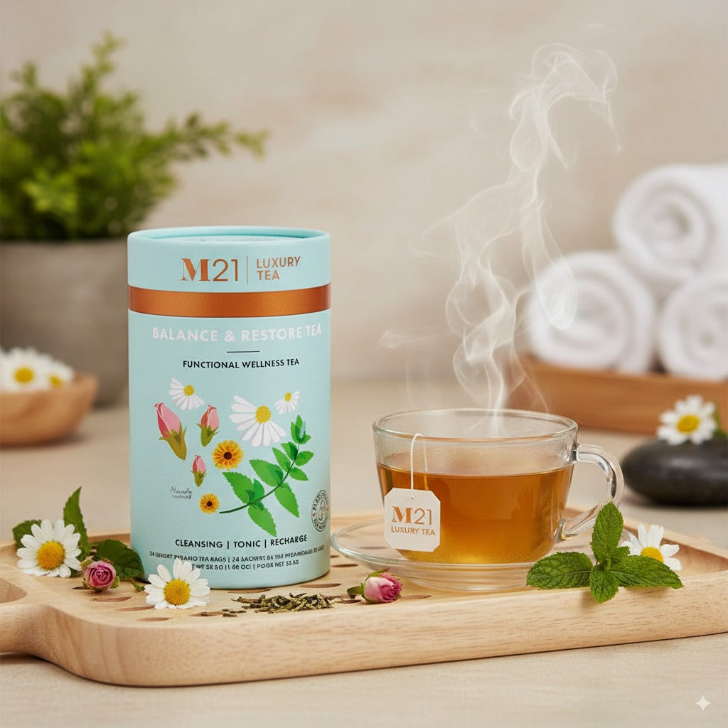 M21 tea canister with a steaming cup of tea on a wooden tray.