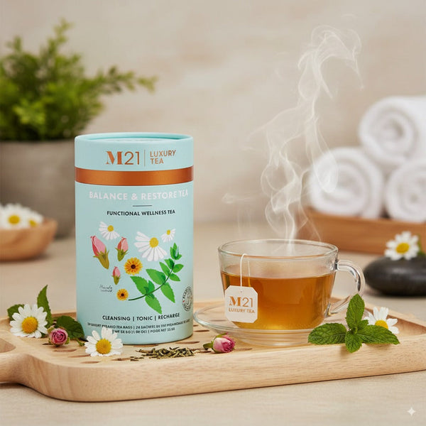 M21 tea canister with a steaming cup of tea on a wooden tray.