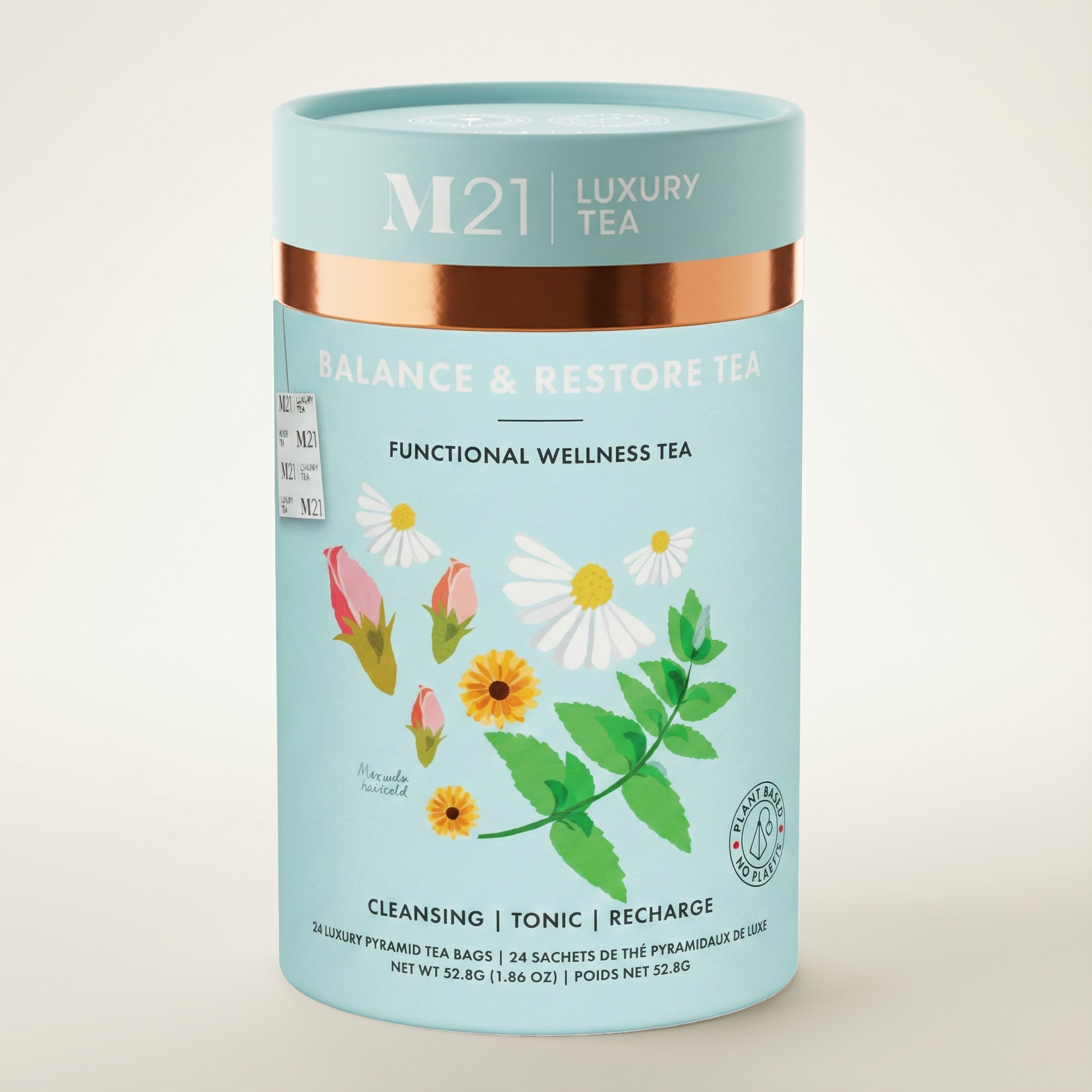 M21 Luxury Tea packaging with floral design on a light blue background