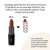 Comparison of Axiology balmies and lipstick with text about sustainability.