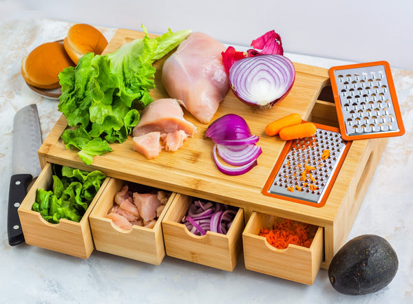 Organize & chop like a pro! This bamboo cutting board set features trays, graters, & a juice groove for efficient & mess-free food prep. Eco-friendly, BPA-free, & perfect for any kitchen. Shop now & upgrade your cooking experience!