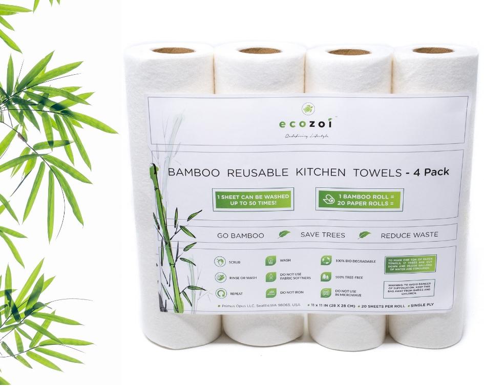 Ecozoi reusable bamboo paper towels 4-pack laid flat showing all four rolls — tree-free and washable