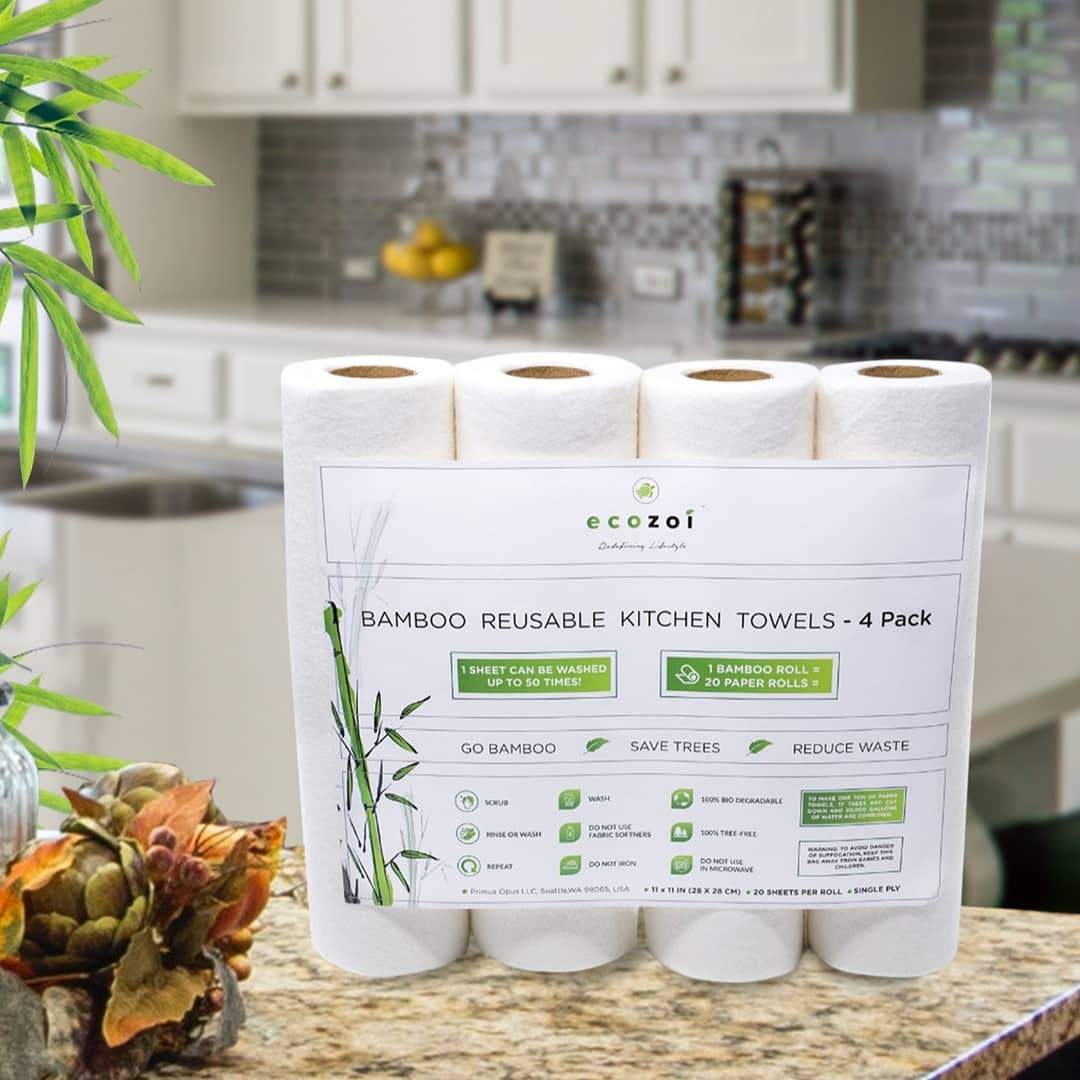 Ecozoi bamboo reusable kitchen towels 4-pack displayed on a kitchen counter, ready to use