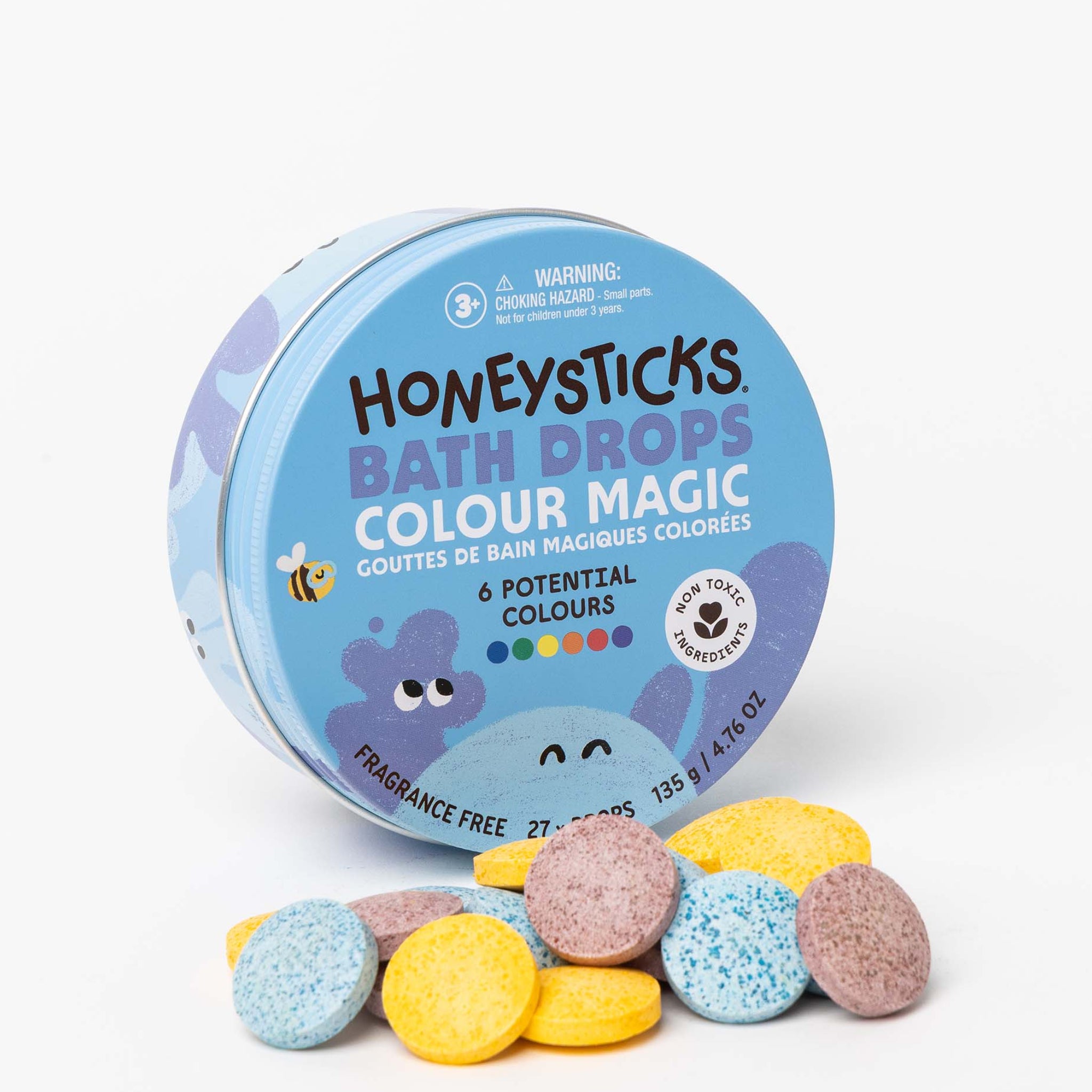 Honeysticks Bath Drops Color Magic 27pk tin with red, yellow and blue fizzy bath drops for kids