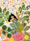 Illustration of a woman surrounded by colorful plants and flowers on a terrazzo-patterned background