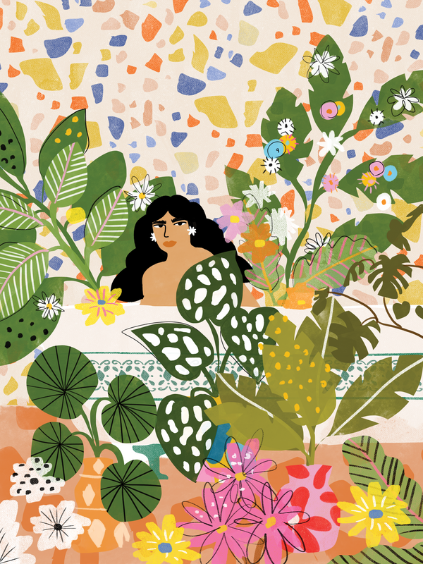 Illustration of a woman surrounded by colorful plants and flowers on a terrazzo-patterned background