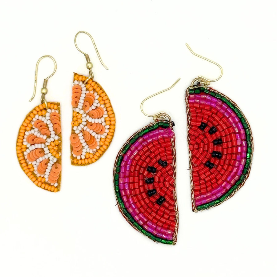 Collection of colourful beaded fruit earrings including watermelon design by Fair Anita