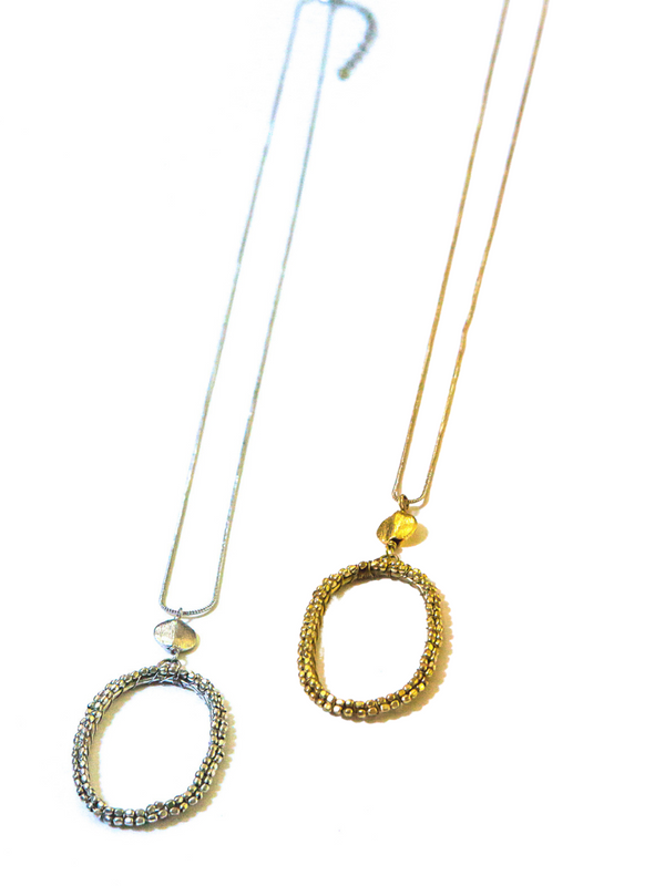 Beaded Hollow Oval Pendant Necklace | Recycled Metal | Fair Anita