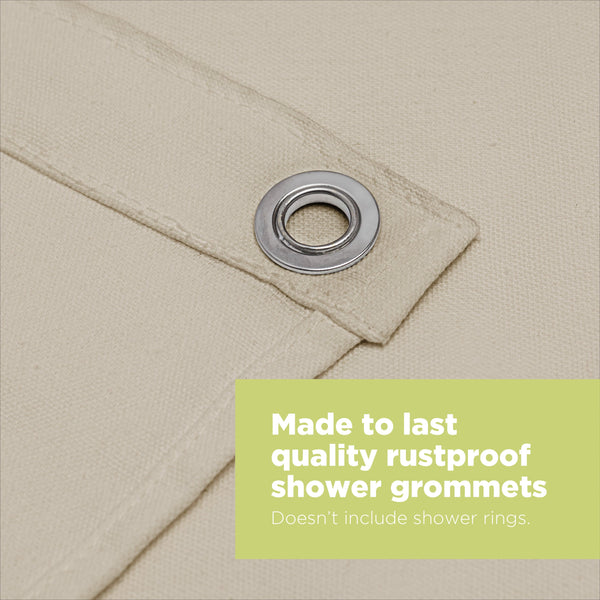 Beige fabric with a rustproof shower grommet and text about quality and availability.