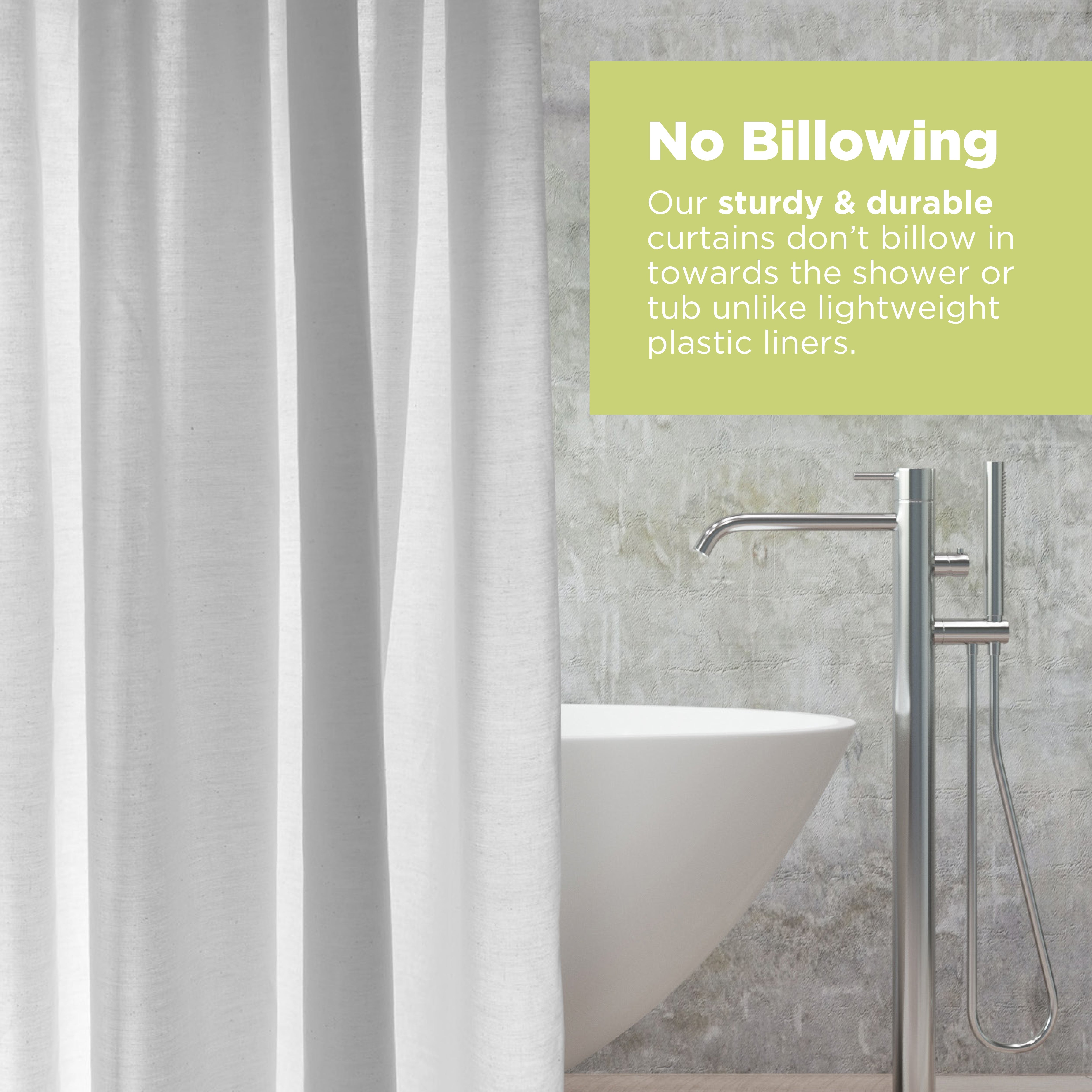 White shower curtain with text on a bathroom setting