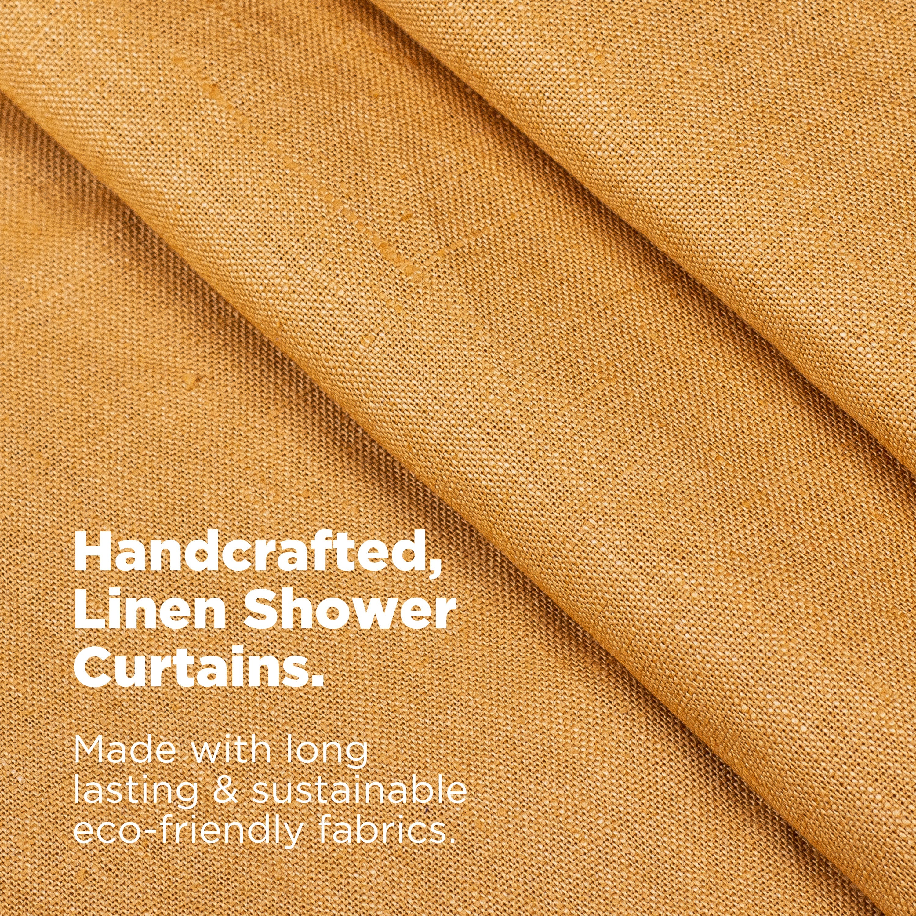 Close-up of beige fabric with text about handcrafted, linen shower curtains made from eco-friendly materials.