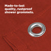 Metal shower grommet on red fabric with text 'Made-to-last quality, rustproof shower grommets.'
