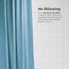 Blue shower curtain with text about durability and no billowing