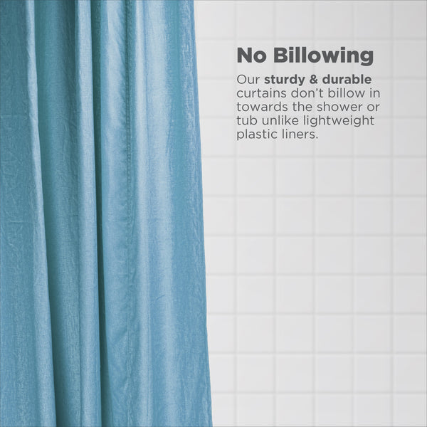 Blue shower curtain with text about durability and no billowing