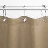 Brown shower curtain with silver rings on a white background