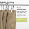 Brown curtains on a rod with care instructions text overlay