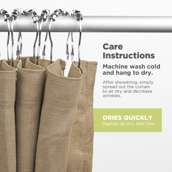 Brown curtains on a rod with care instructions text overlay