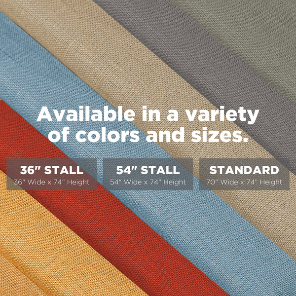 Fabric swatches in various colors with text about product availability and dimensions.