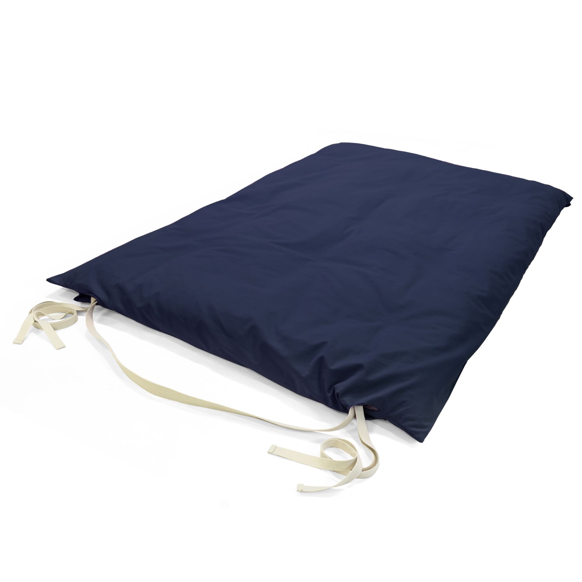 Navy blue seat pad with drawstring on a white background