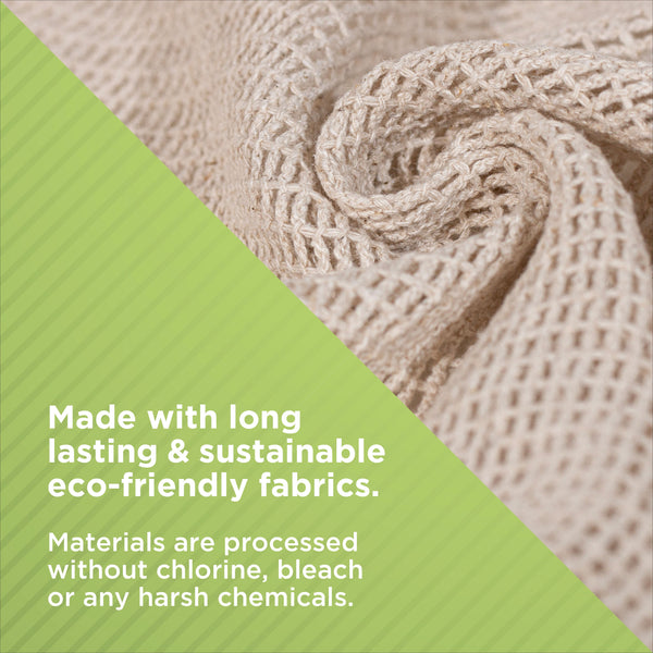 Natural hemp washcloth laid flat showing 10 by 12 inch size