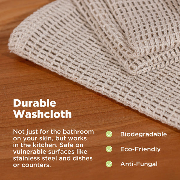 Close-up of hemp organic cotton washcloth fabric detail and loose knit weave
