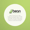 Bean Products logo on a green background with text about eco-friendly shower curtains.