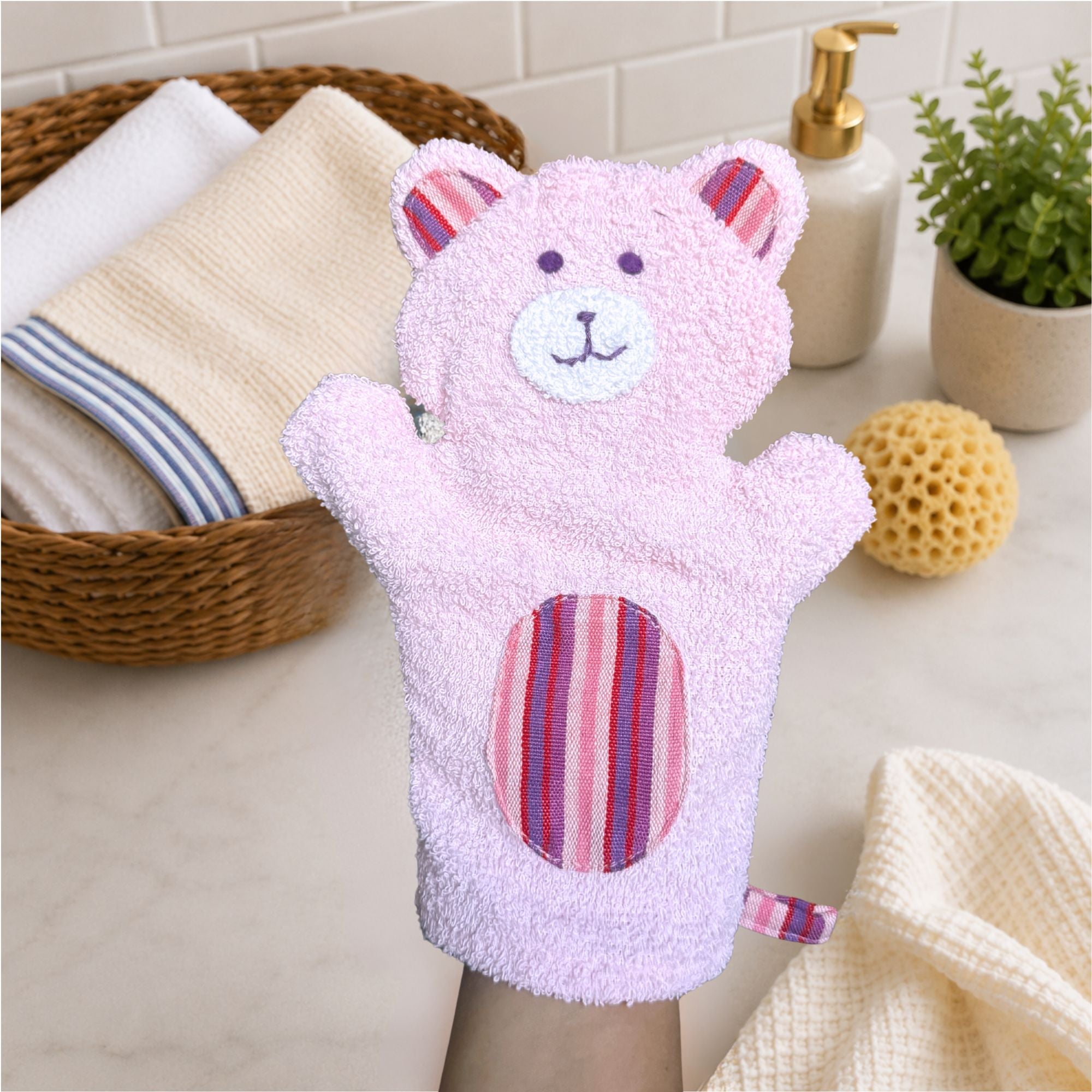Bear Puppet Washcloth – Fair Trade Cotton Terry Cloth Bath Mitt for Babies