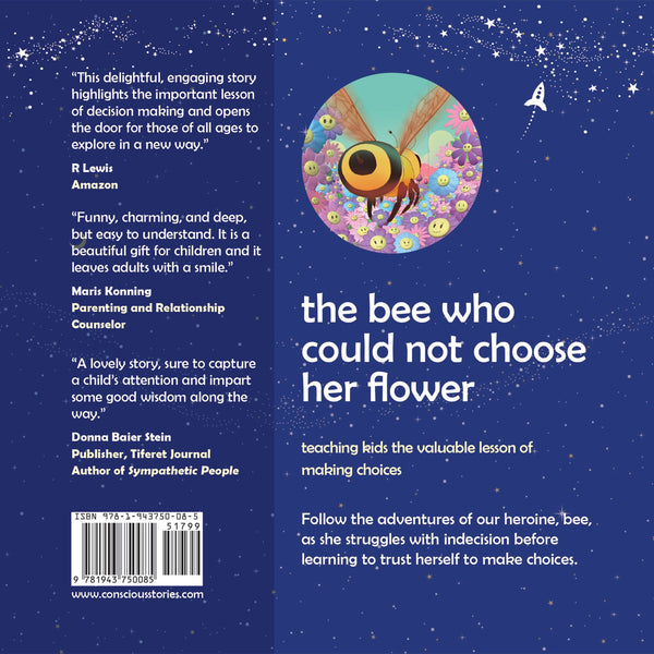 Back cover of The Bee Who Could Not Choose Her Flower – mindfulness and decision-making book for children ages 3–8 by Conscious Stories