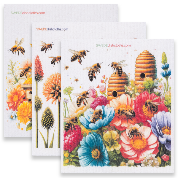 Mixed Bees Swedish dishcloths set of 3 — three eco-friendly reusable dishcloths with bee designs laid out together