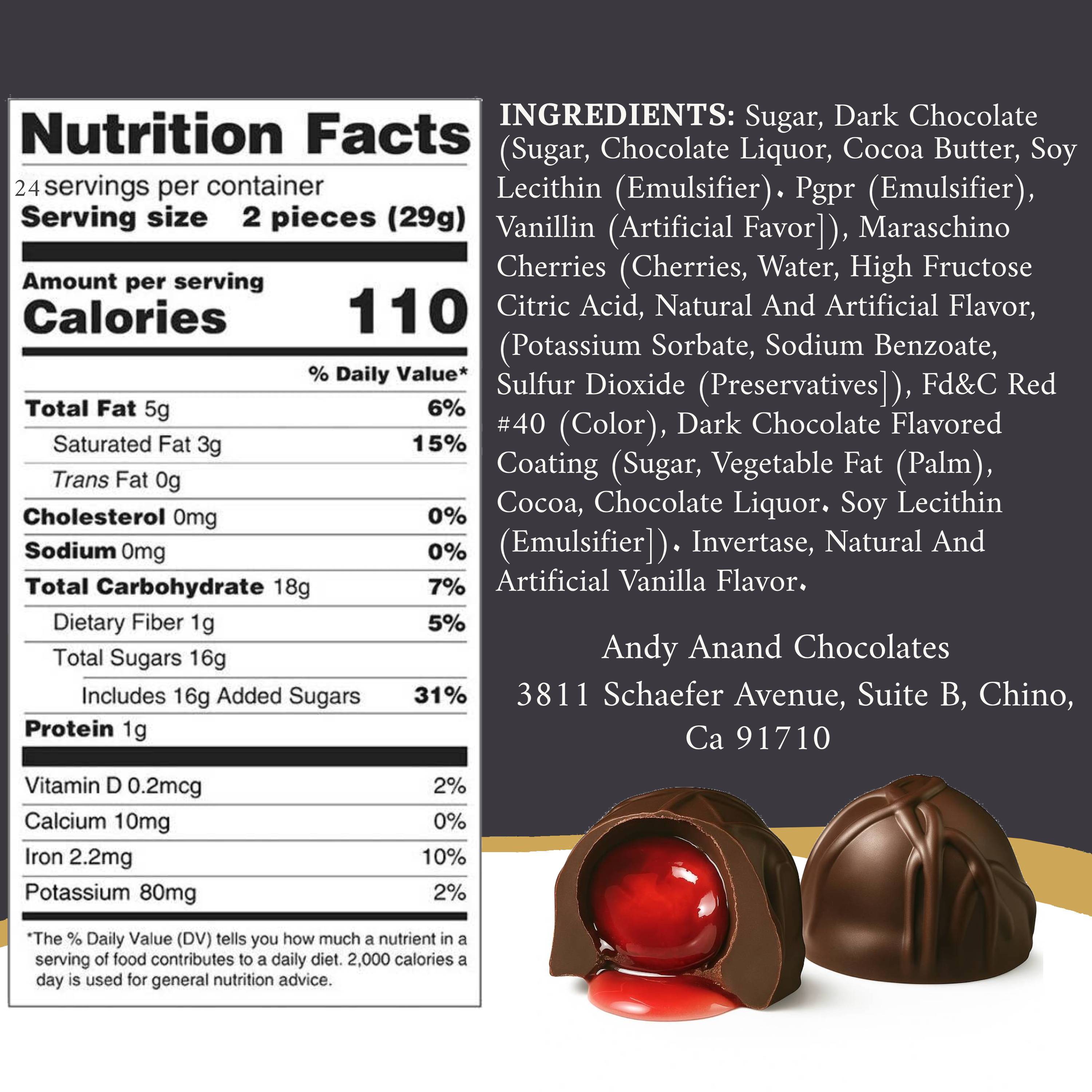 Nutrition facts label and ingredients list for Andy Anand Chocolates with two chocolates in the foreground.