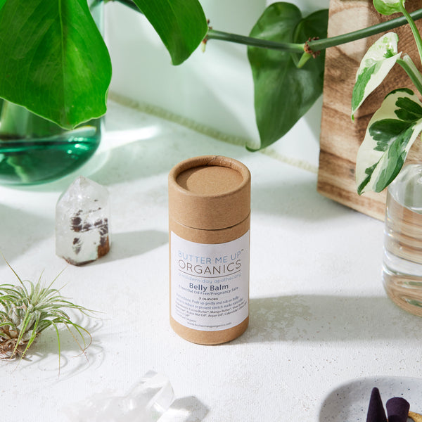 Butter Me Up Organics organic belly balm in compostable paperboard tube for pregnancy stretch marks