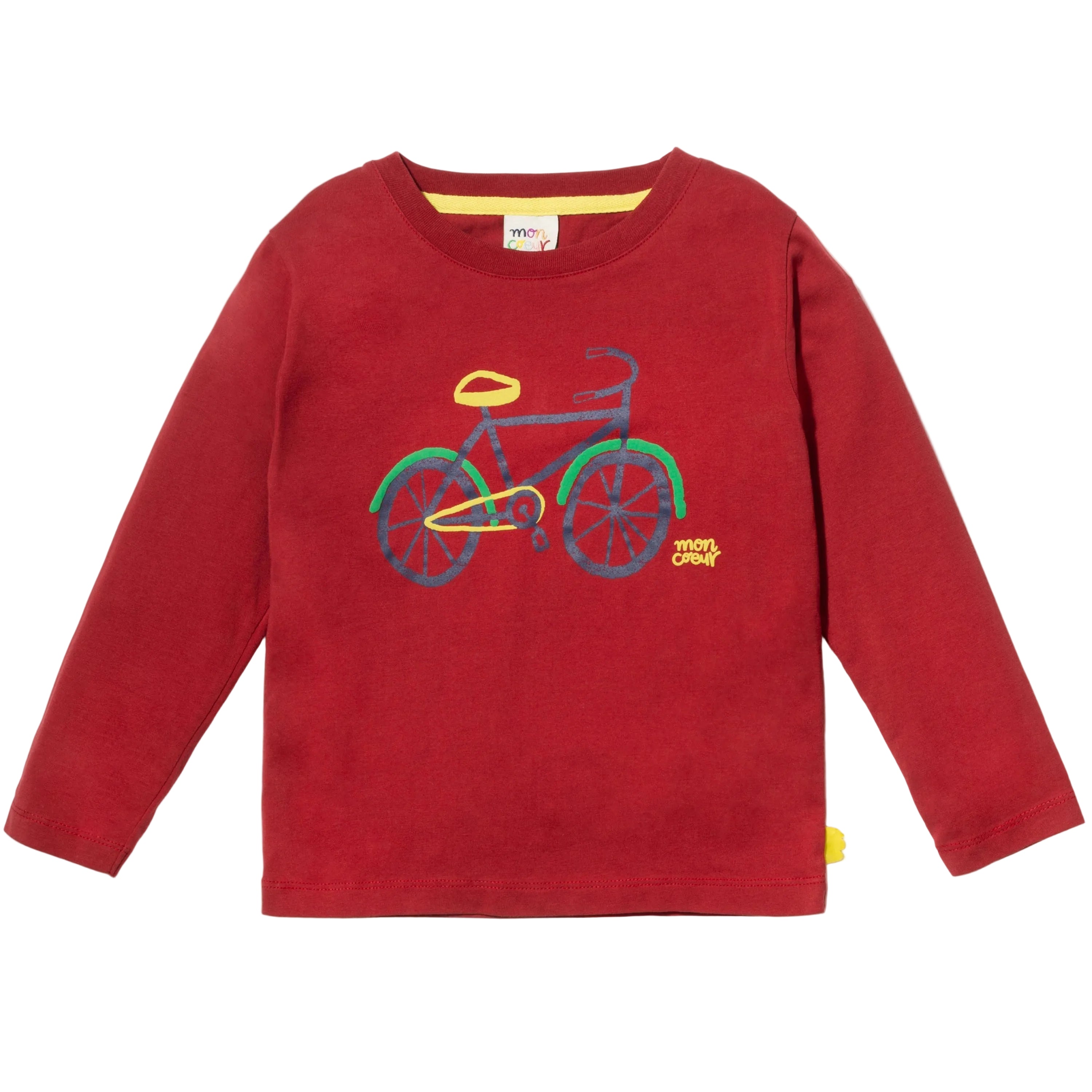Mon Coeur Bicyclette Kids Long-Sleeve T-Shirt in Cardinal Red with multicolored bicycle graphic, front view