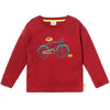 Mon Coeur Bicyclette Kids Long-Sleeve T-Shirt in Cardinal Red with multicolored bicycle graphic, front view