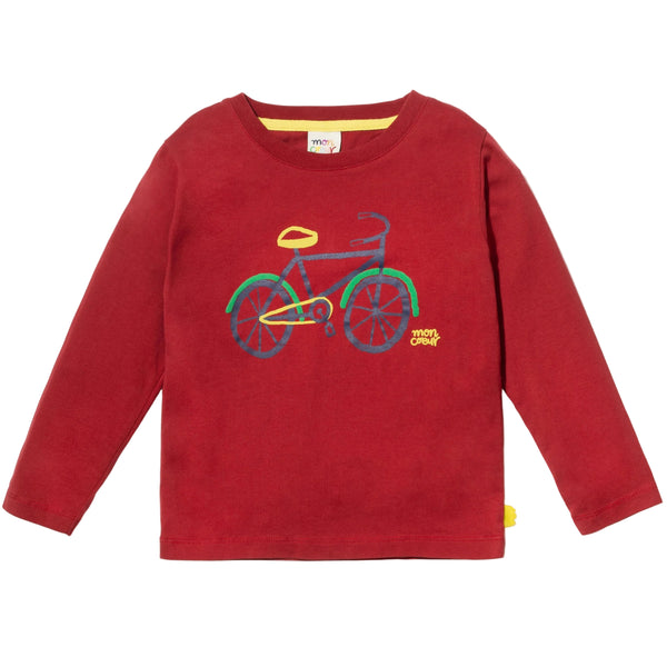Mon Coeur Bicyclette Kids Long-Sleeve T-Shirt in Cardinal Red with multicolored bicycle graphic, front view