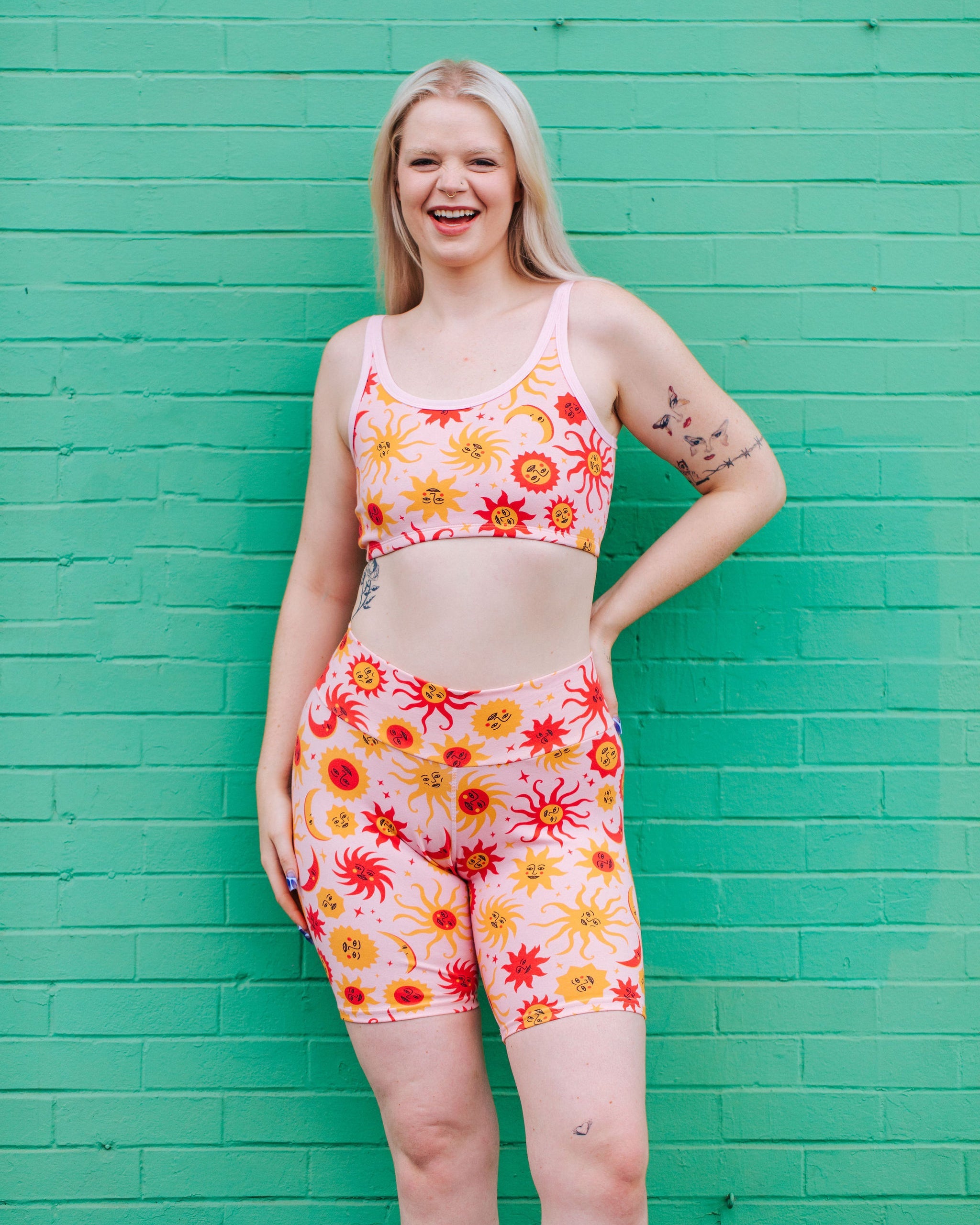Woman wearing Thunderpants USA Luna y Sol high rise bike shorts, front view, size LG