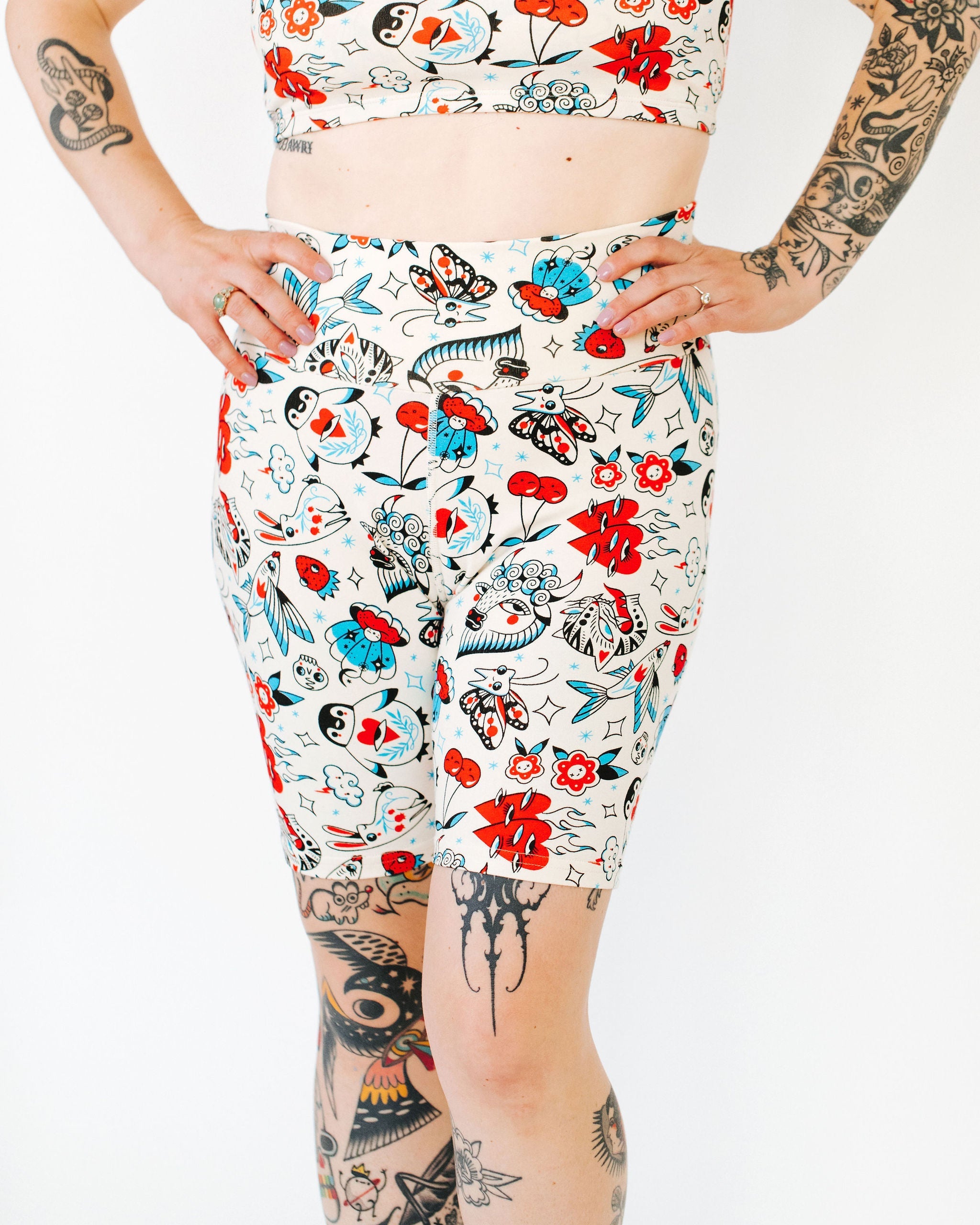 Model wearing Thunderpants Inked Up High Rise Bike Shorts in size Medium, full length view