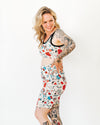 Close-up detail of Inked Up Bike Shorts showing bold tattoo-style illustrated print by Oregon artist Connie Gabbert